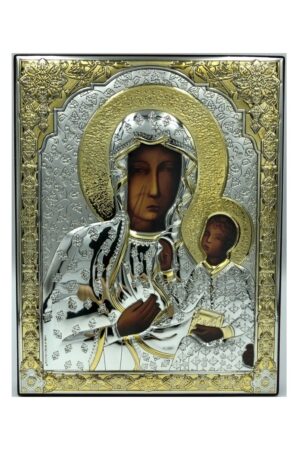 Ikona Matka Boża Częstochowska w srebrno-złotej koszulce