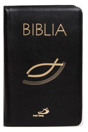 Biblia "z rybką" z paginatorami - czarna skórzana z suwakiem