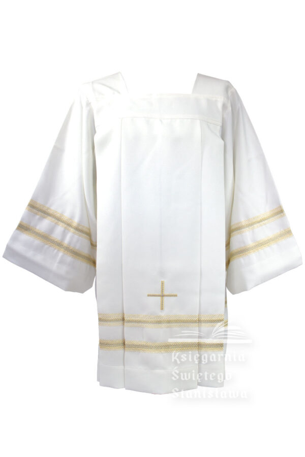 Komża kapłańska kremowa z haftem krzyża i podwójną mereżką w kolorze złotym