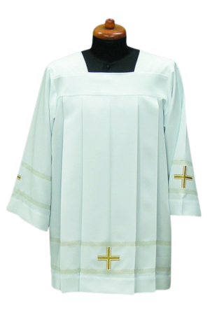 Komża kapłańska biała ze złotym haftem krzyża i cienkich paseczków